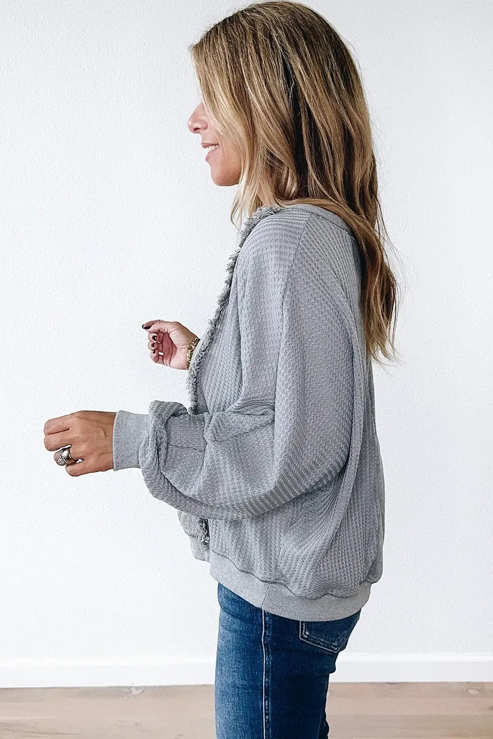 Grateful Threads Boutique Light Grey Waffle Patchwork Long Sleeve Raw Hem Pullover Top - Clothing Tops