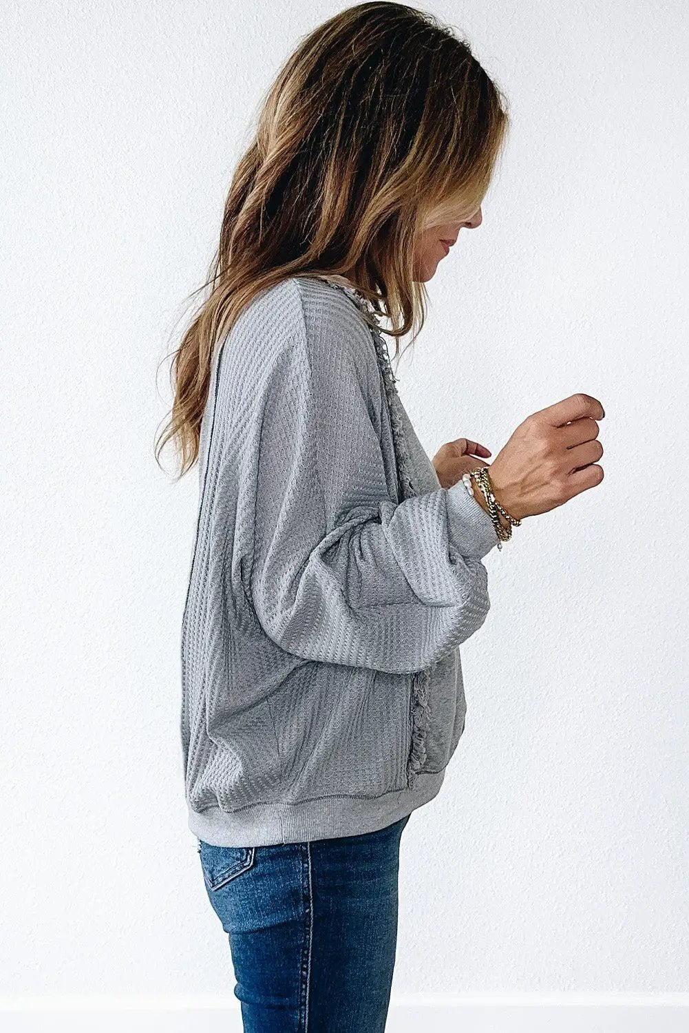 Grateful Threads Boutique Light Grey Waffle Patchwork Long Sleeve Raw Hem Pullover Top - Clothing Tops