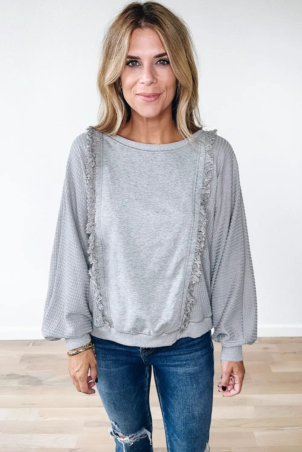 Grateful Threads Boutique Light Grey Waffle Patchwork Long Sleeve Raw Hem Pullover Top - Clothing Tops