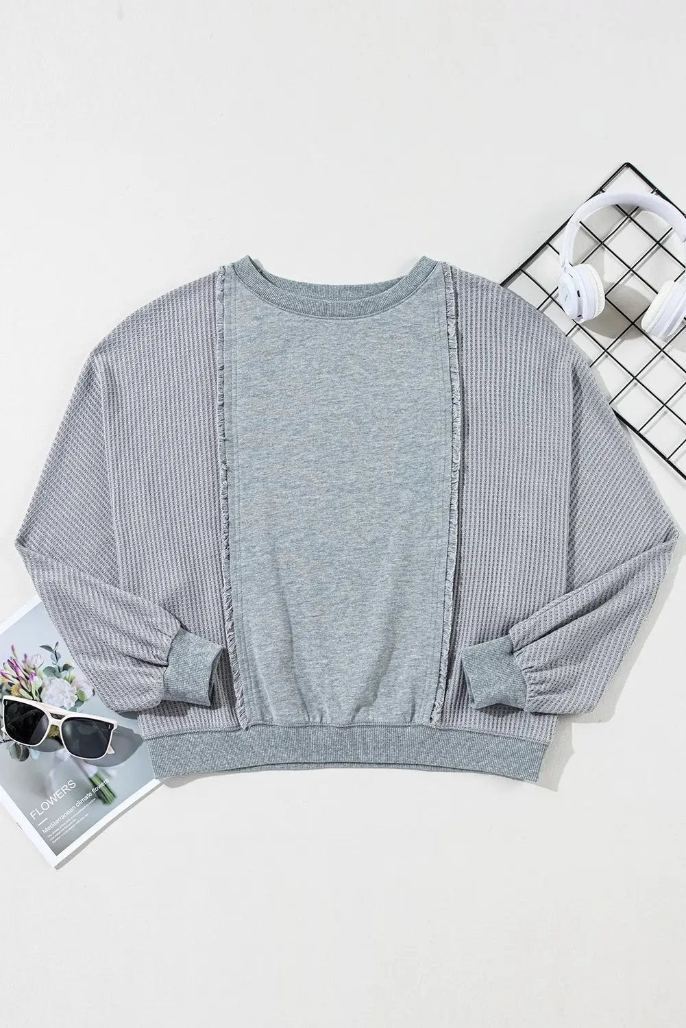 Grateful Threads Boutique Light Grey Waffle Patchwork Long Sleeve Raw Hem Pullover Top - Clothing Tops
