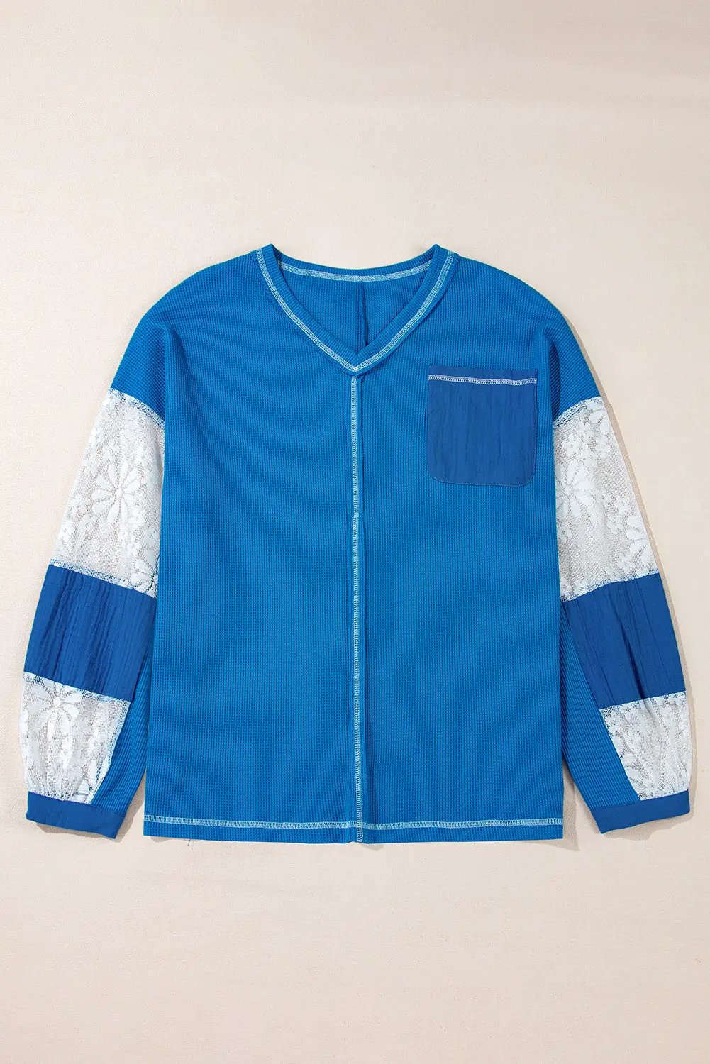 Grateful Threads Boutique Sky Blue Lace Floral Patchwork Sleeve Stitching V Neck Rib Knit Blouse - Blouses Sky Blue Lace Floral Patchwork Sleeve Stitching V Neck Rib Knit Blouse