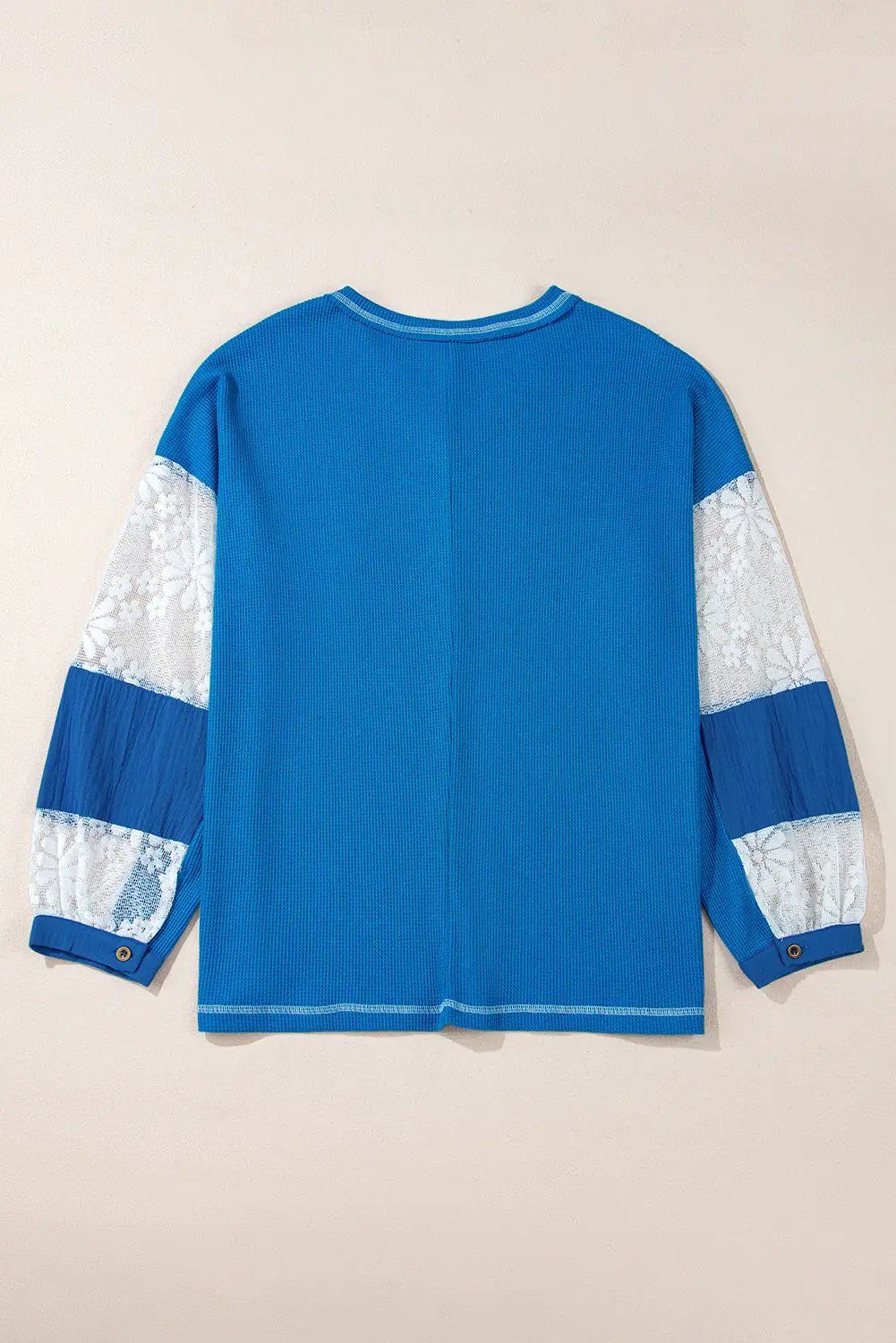 Grateful Threads Boutique Sky Blue Lace Floral Patchwork Sleeve Stitching V Neck Rib Knit Blouse - Blouses Sky Blue Lace Floral Patchwork Sleeve Stitching V Neck Rib Knit Blouse