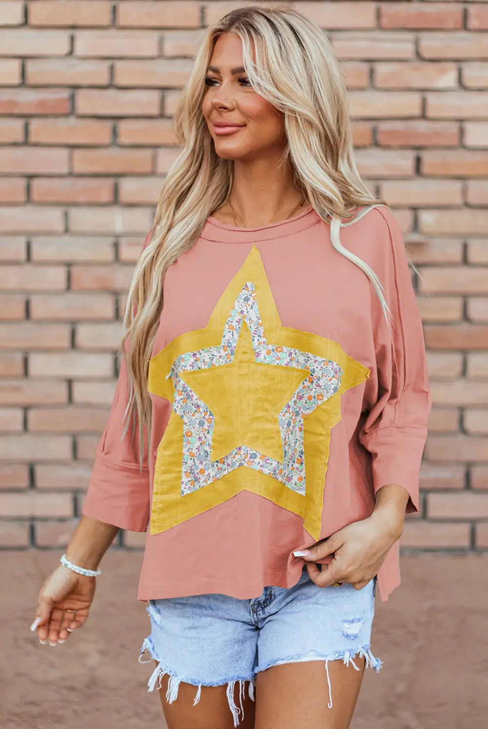 Grateful Threads Boutique Rose Tan Floral Starbust Exposed Seam Mineral Wash Top - Blouses Rose Tan Floral Starbust Exposed Seam Mineral Wash Top