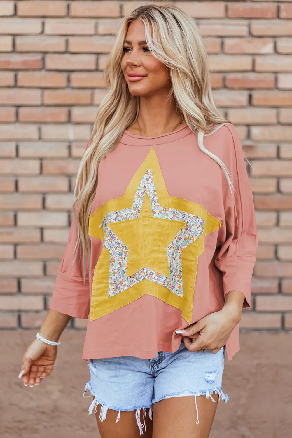 Grateful Threads Boutique Rose Tan Floral Starbust Exposed Seam Mineral Wash Top - Blouses Rose Tan Floral Starbust Exposed Seam Mineral Wash Top
