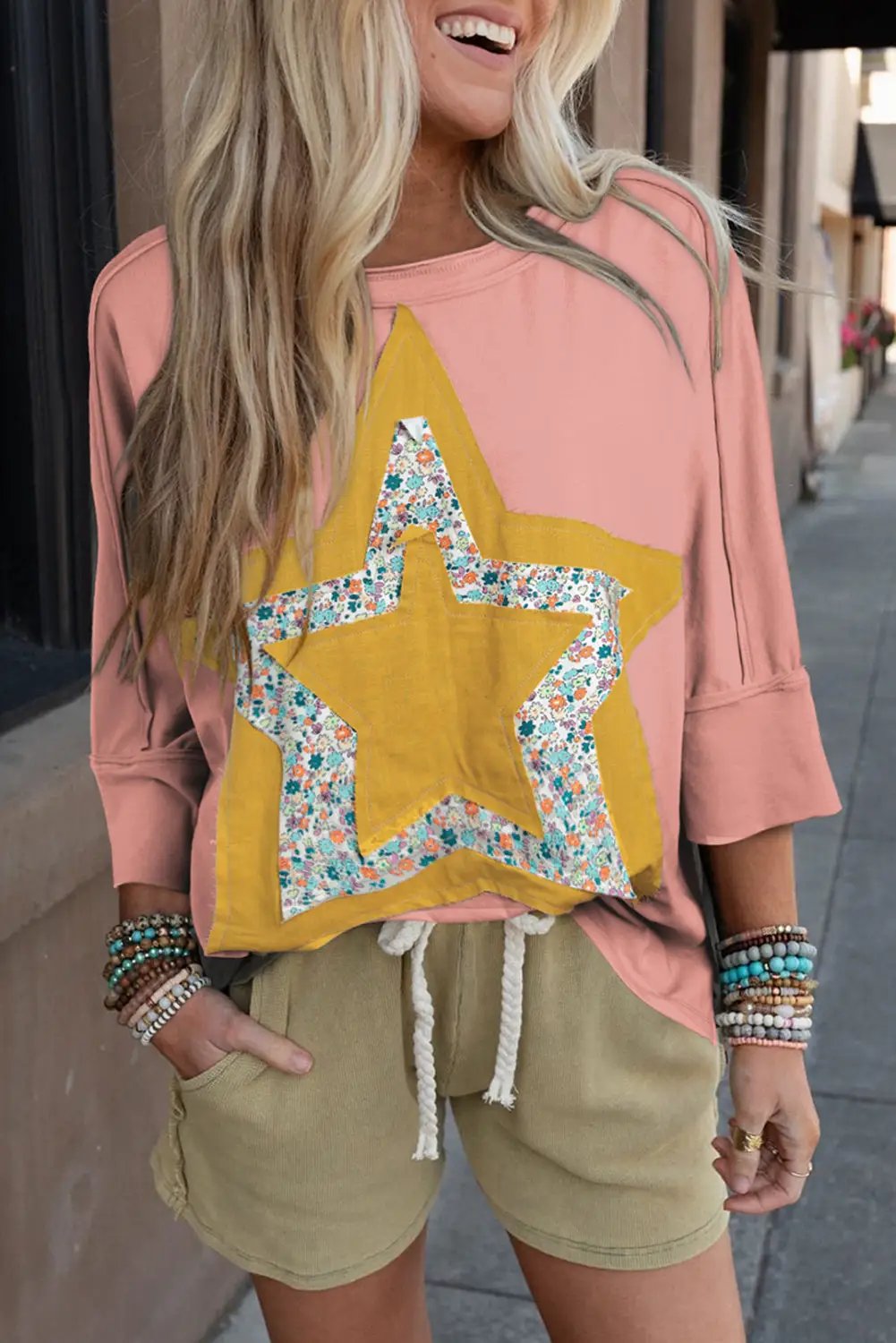Grateful Threads Boutique Rose Tan Floral Starbust Exposed Seam Mineral Wash Top - Blouses Rose Tan Floral Starbust Exposed Seam Mineral Wash Top