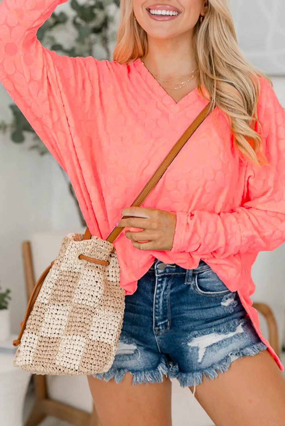 Grateful Threads Boutique Apricot Oversized Floral Jacquard V-Neck Top - Shirts