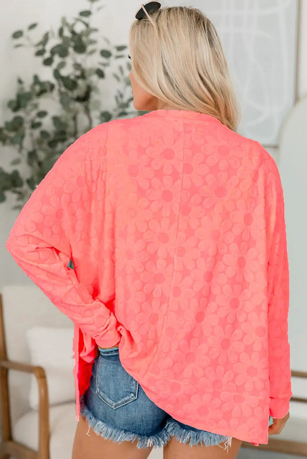 Grateful Threads Boutique Apricot Oversized Floral Jacquard V-Neck Top - Shirts