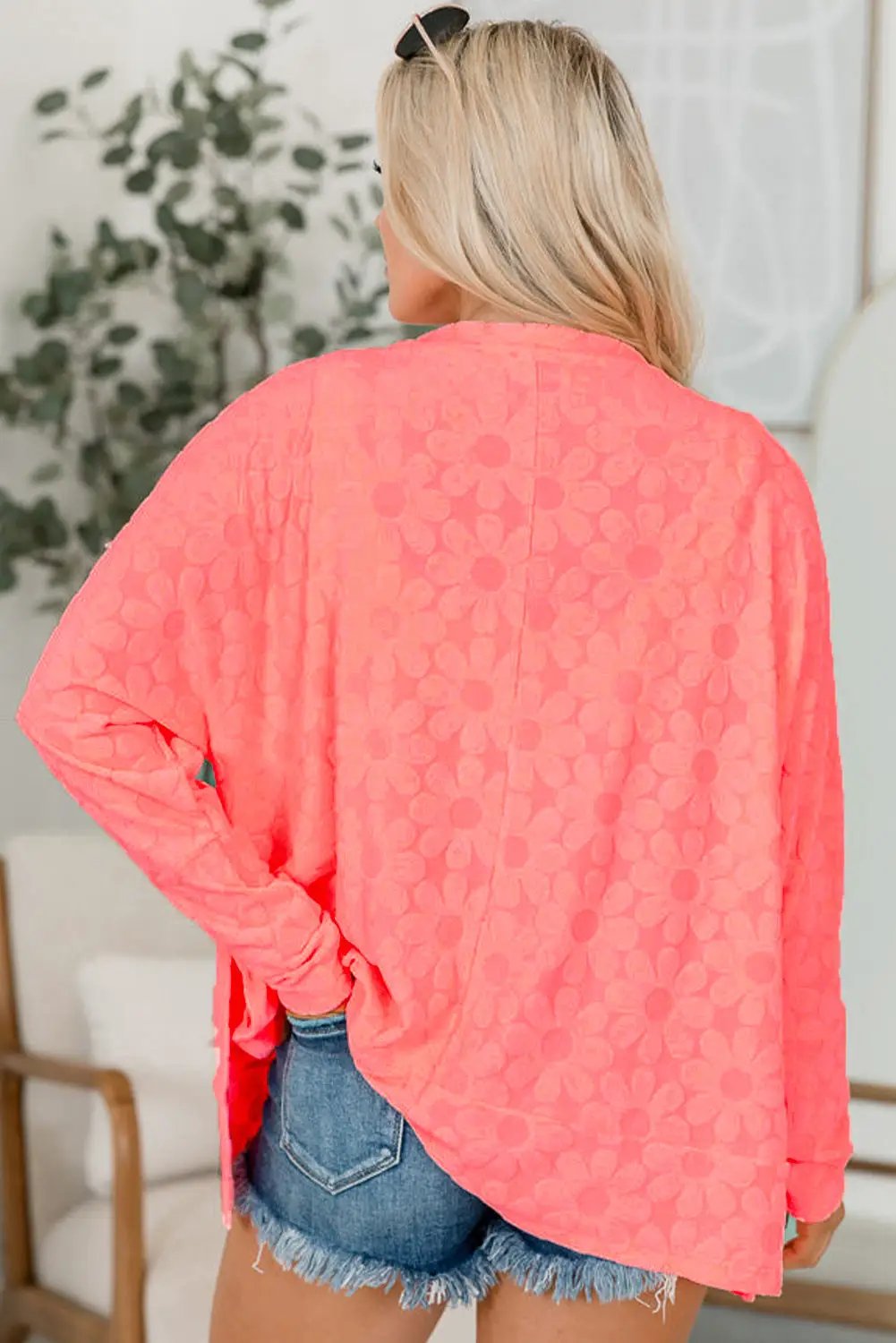 Grateful Threads Boutique Apricot Oversized Floral Jacquard V-Neck Top - Shirts
