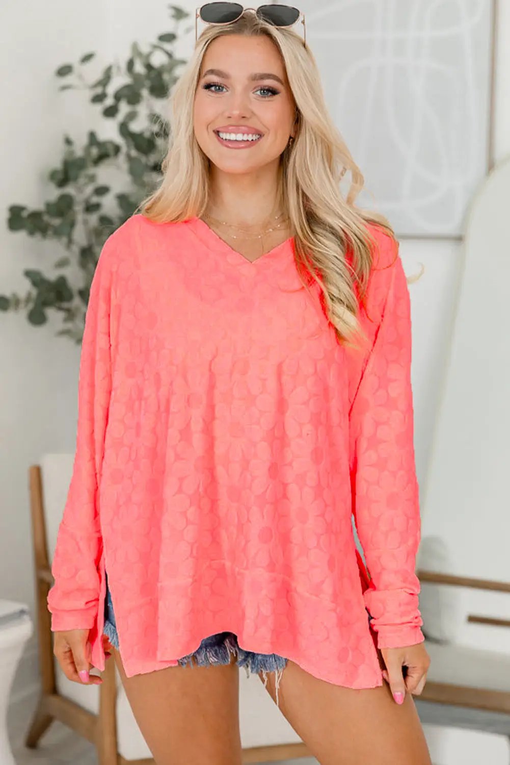 Grateful Threads Boutique Apricot Oversized Floral Jacquard V-Neck Top - Shirts