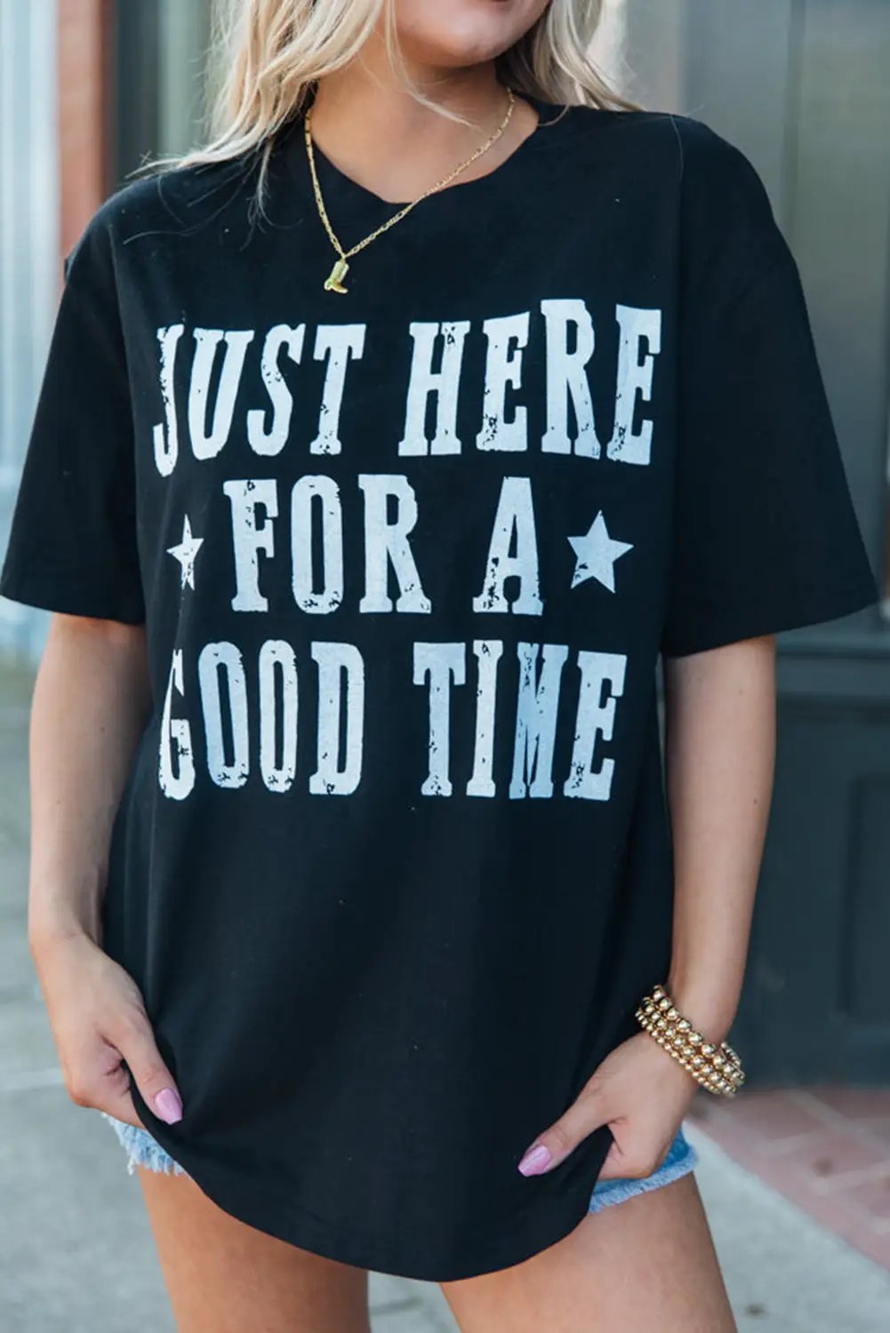 Grateful Threads Boutique Black Just Here For A Good Time Graphic Round Neck T Shirt - T-Shirts Black Just Here For A Good Time Graphic Round Neck T Shirt