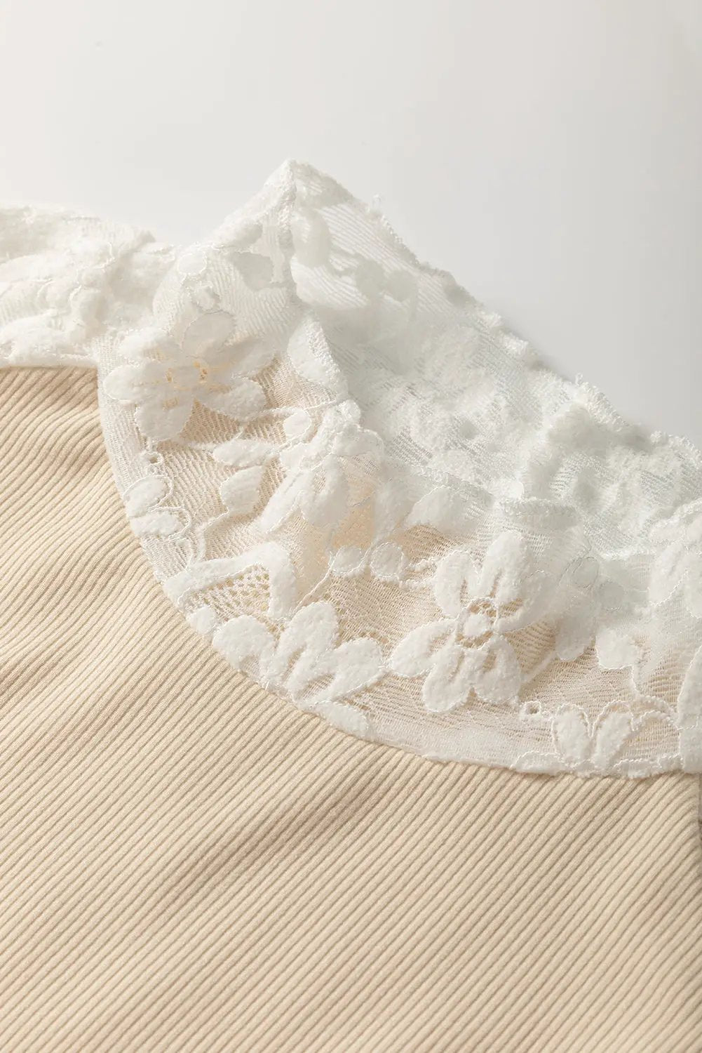 Grateful Threads Boutique Beige Floral Lace High Neck Slim Top - Blouses