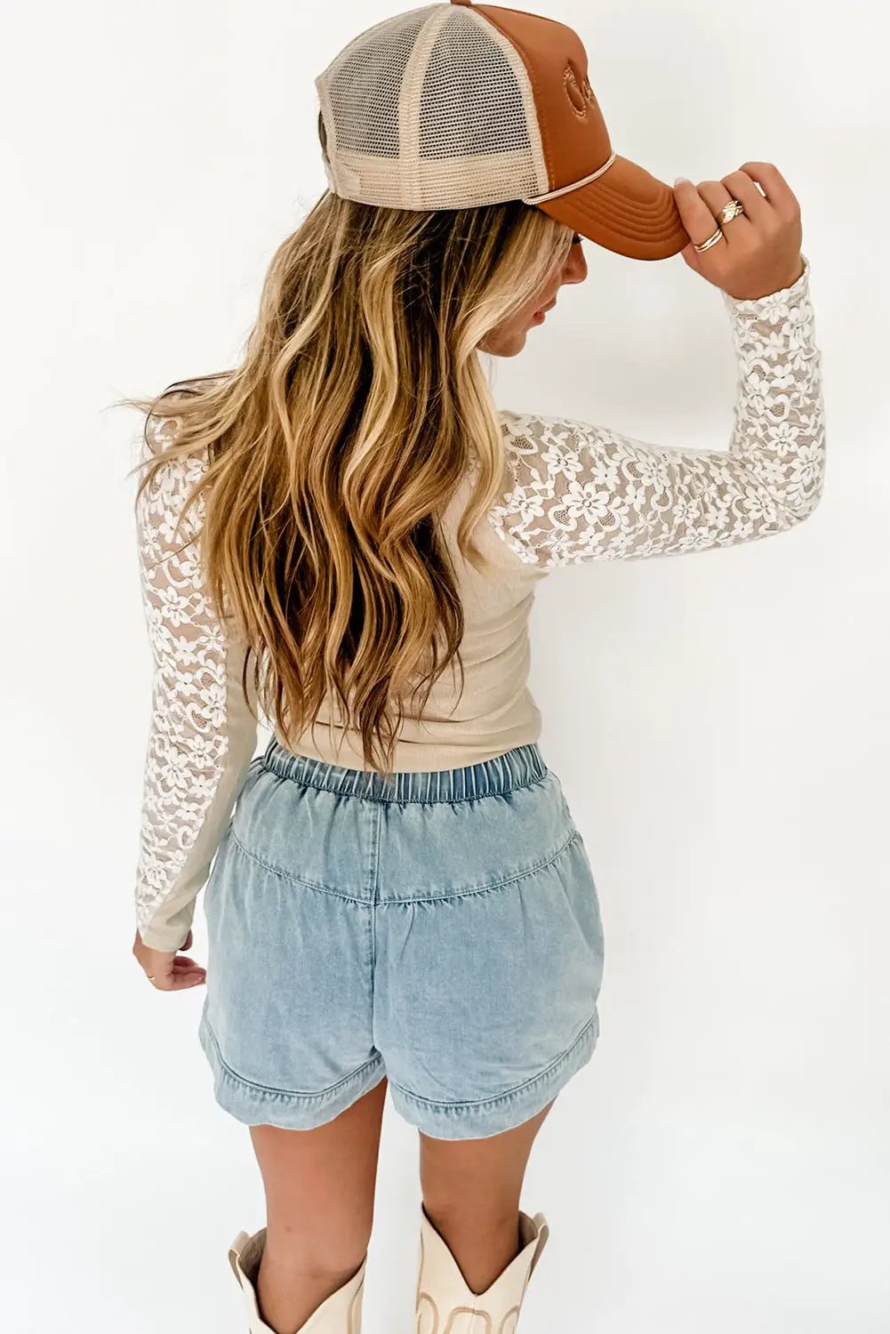 Grateful Threads Boutique Beige Floral Lace High Neck Slim Top - Blouses