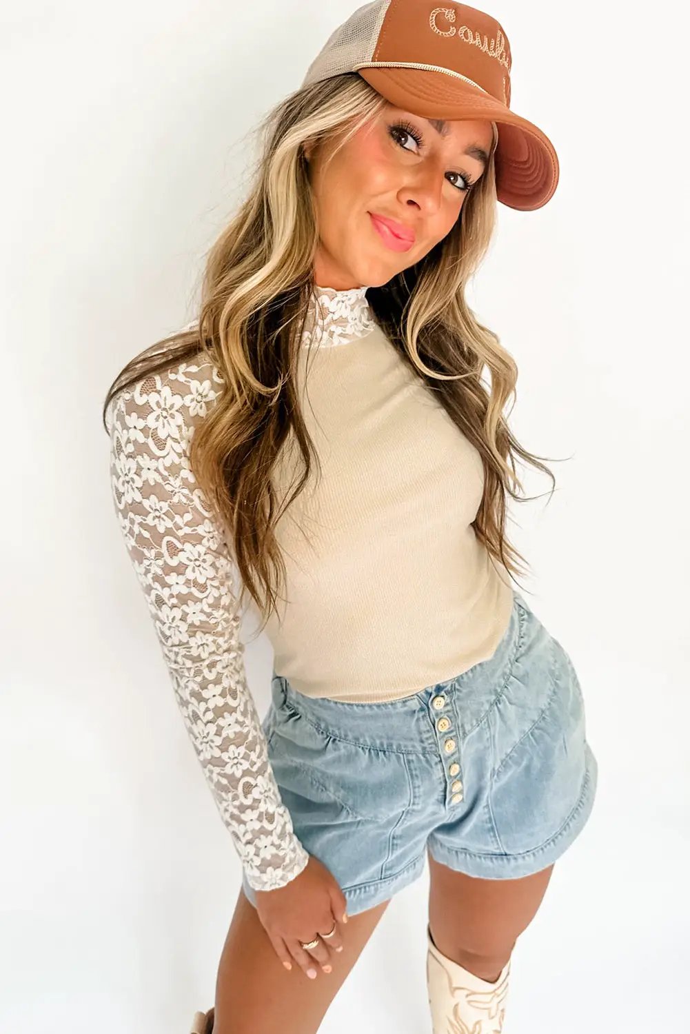 Grateful Threads Boutique Beige Floral Lace High Neck Slim Top - Blouses