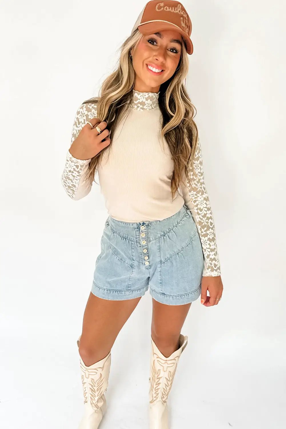 Grateful Threads Boutique Beige Floral Lace High Neck Slim Top - Blouses