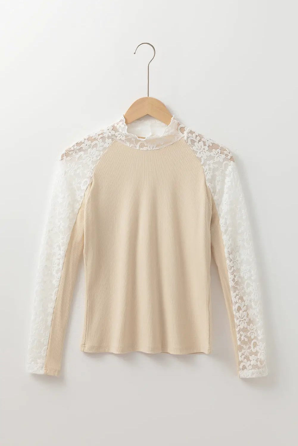Grateful Threads Boutique Beige Floral Lace High Neck Slim Top - Blouses