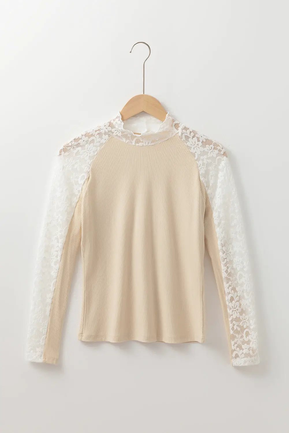 Grateful Threads Boutique Beige Floral Lace High Neck Slim Top - Blouses