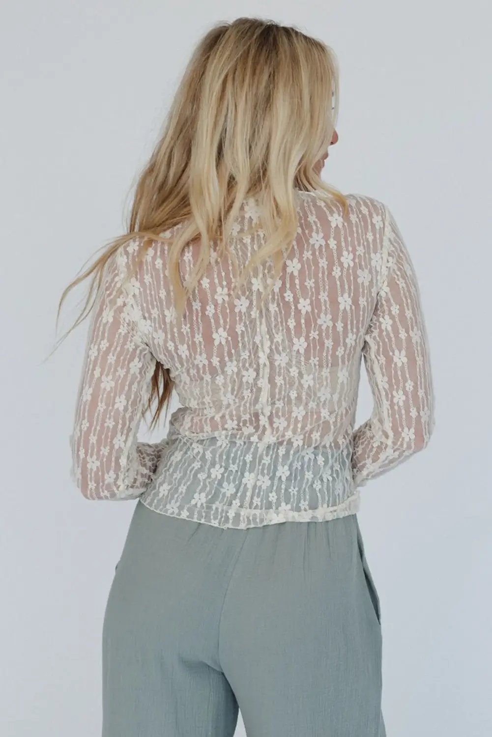 Grateful Threads Boutique White Sheer Floral Lace Long Sleeve Slim Fit Top - Blouses lace long sleeve top