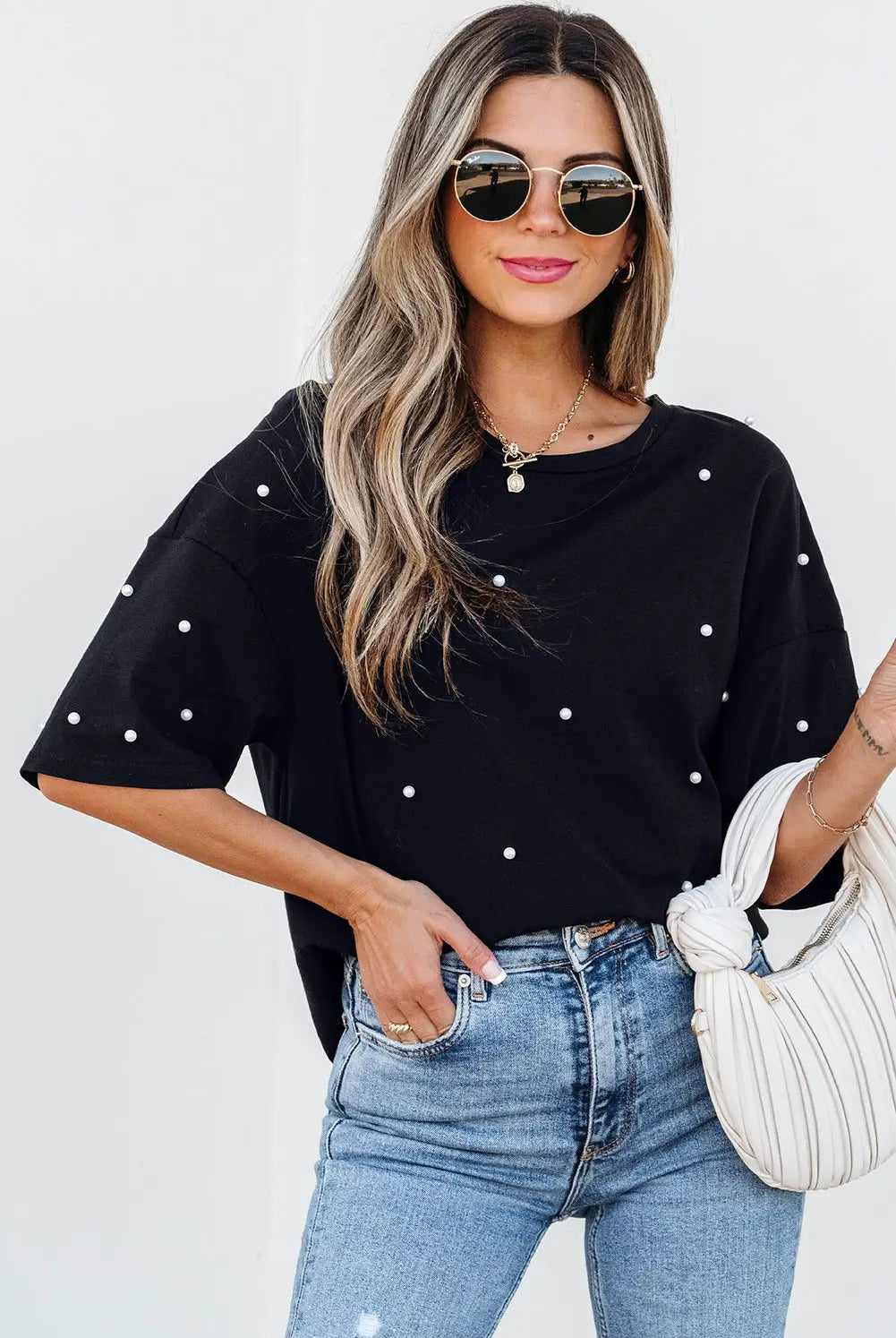 Grateful Threads Boutique Black Pearl Beaded T Shirt - T-Shirts Pearl Beaded T Shirt