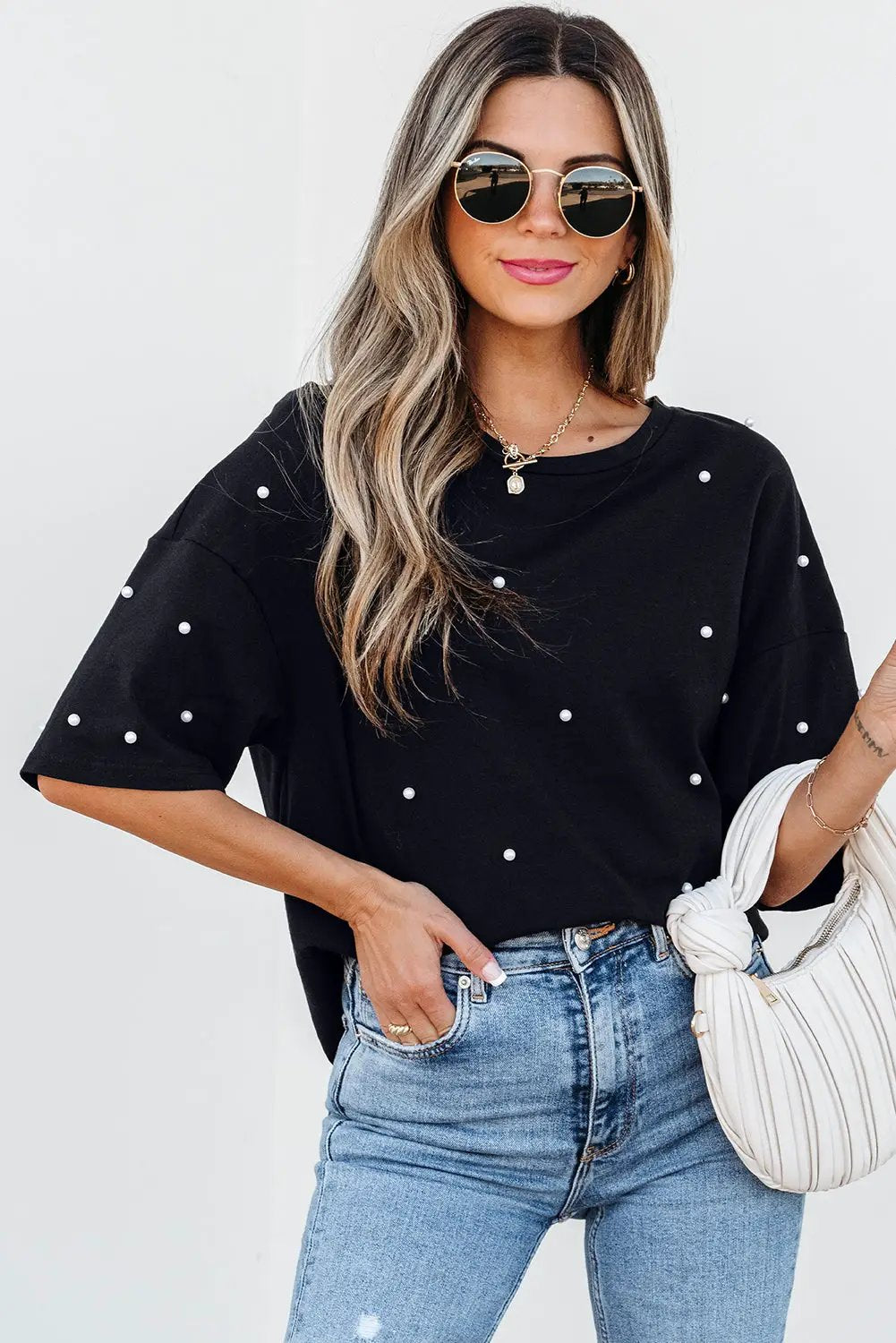 Grateful Threads Boutique Black Pearl Beaded T Shirt - T-Shirts Pearl Beaded T Shirt