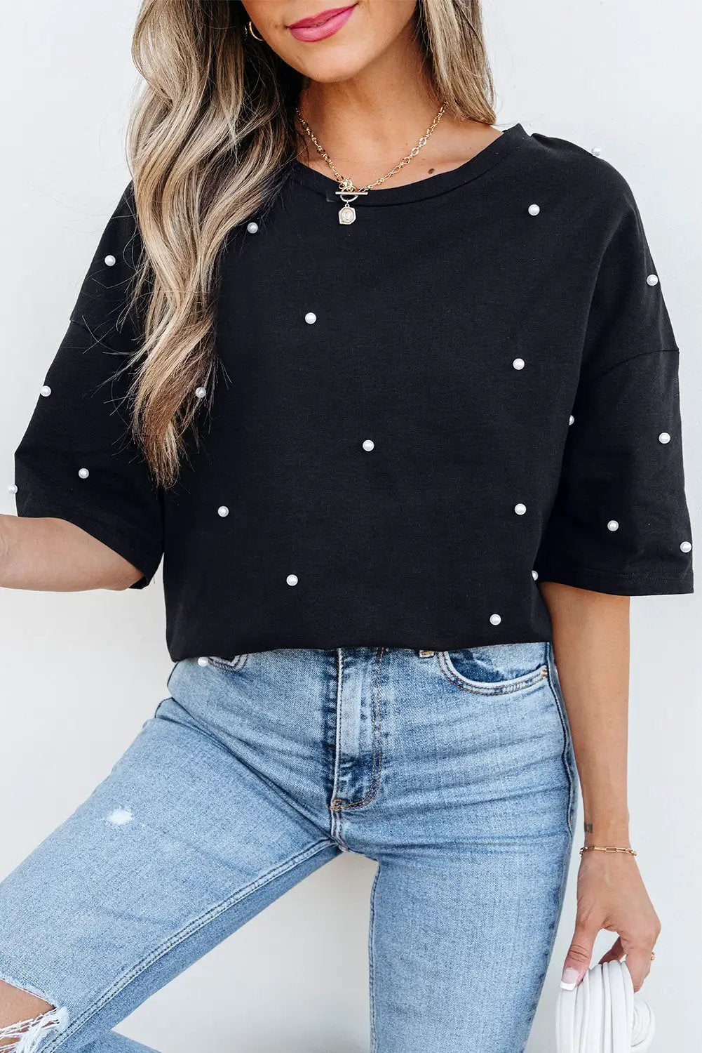 Grateful Threads Boutique Black Pearl Beaded T Shirt - T-Shirts Pearl Beaded T Shirt