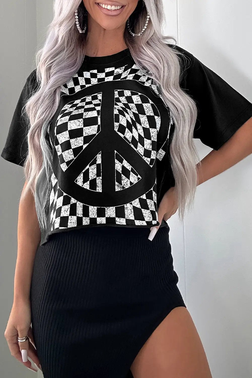 Grateful Threads Boutique Black & White Checkered Graphic Peace Sign Cropped Tee - T-Shirts Peace T Shirt