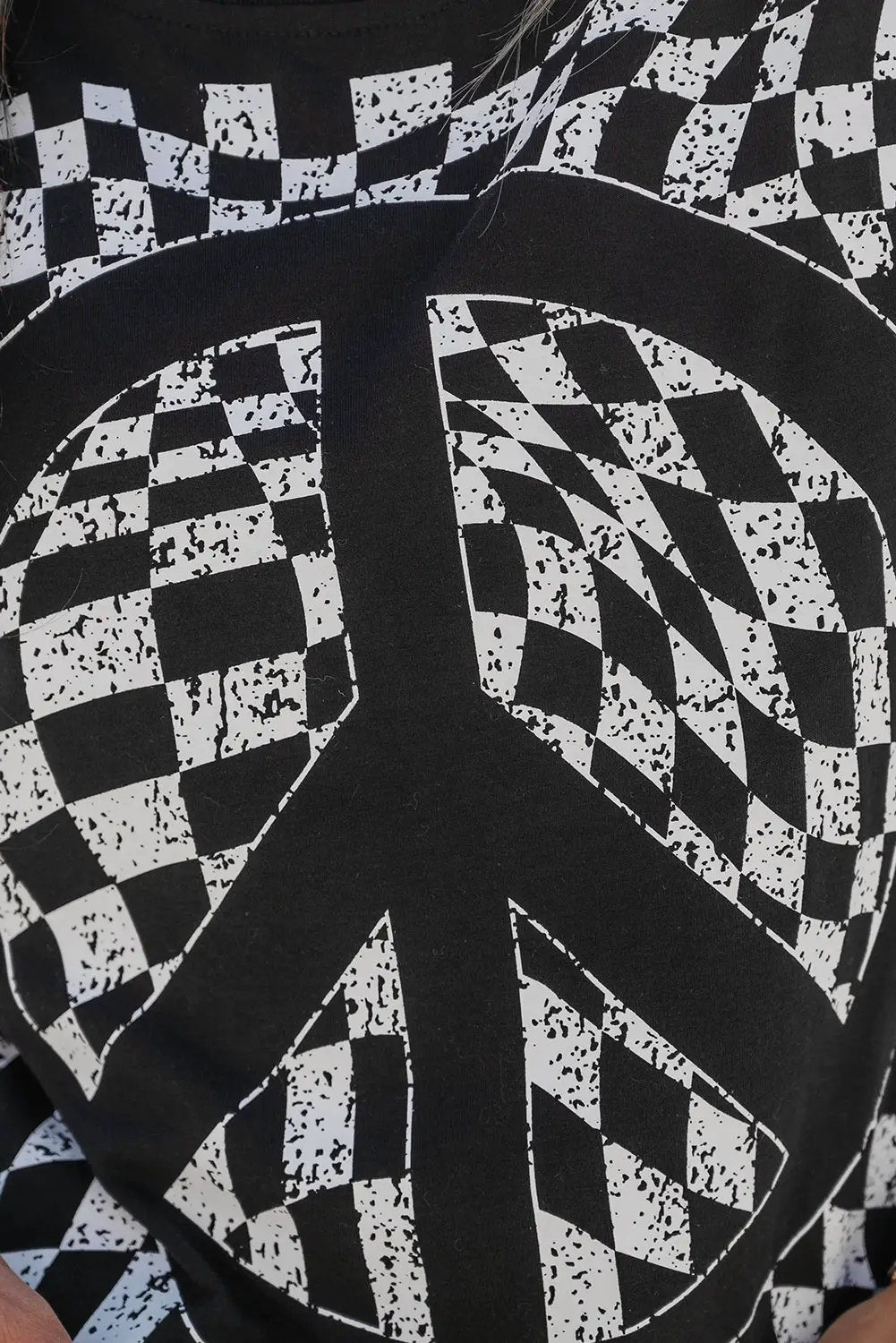 Grateful Threads Boutique Black & White Checkered Graphic Peace Sign Cropped Tee - T-Shirts Peace T Shirt