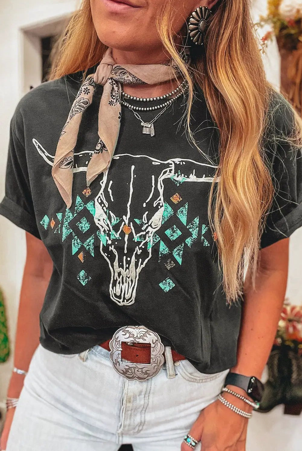 Grateful Threads Boutique Carbon Grey Vintage Western Bull Head Skull Turquoise Aztec Graphic T Shirt - T-Shirts Carbon Grey Vintage Western Bull Head Skull Turquoise Aztec Graphic T Shirt