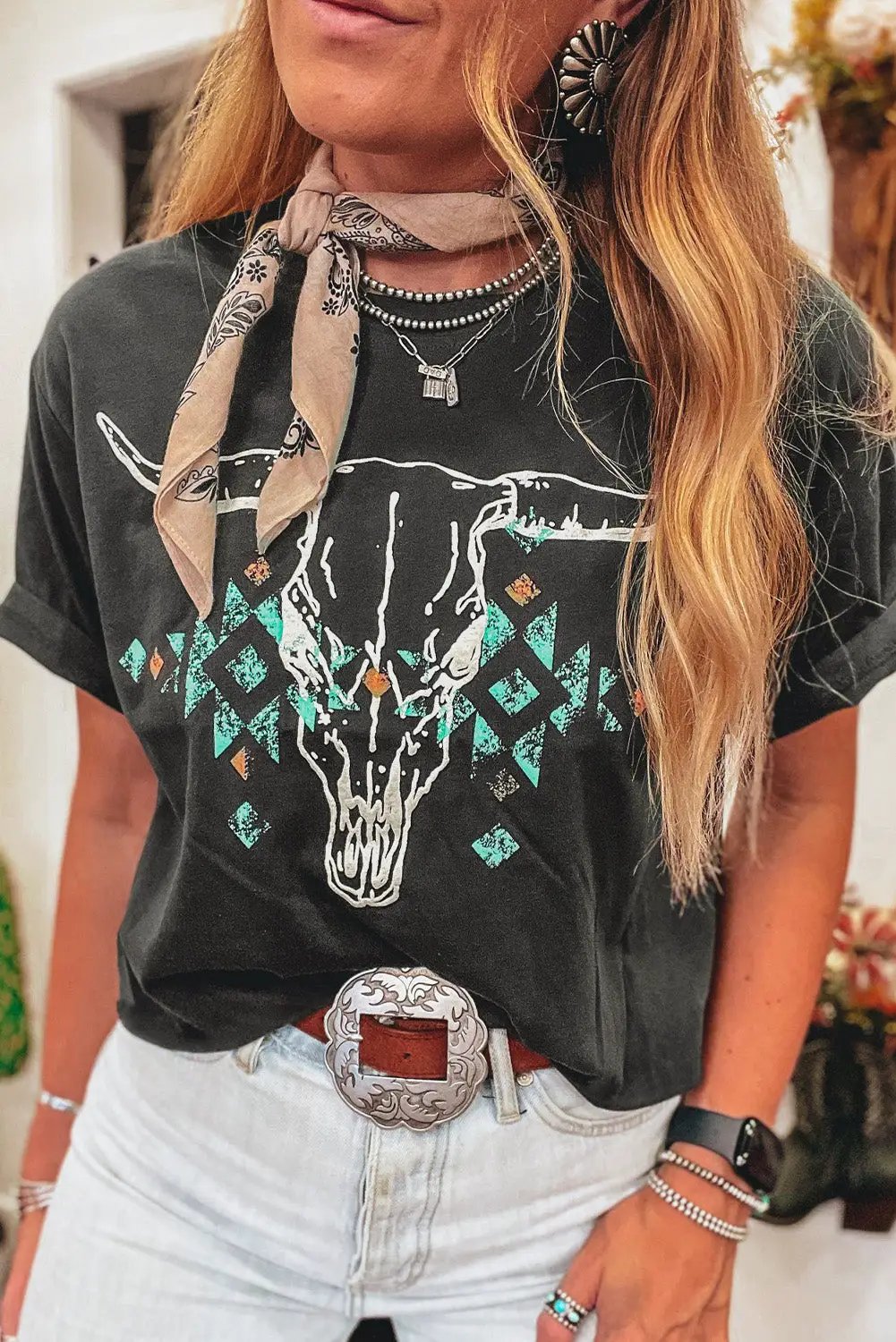 Grateful Threads Boutique Carbon Grey Vintage Western Bull Head Skull Turquoise Aztec Graphic T Shirt - T-Shirts Carbon Grey Vintage Western Bull Head Skull Turquoise Aztec Graphic T Shirt