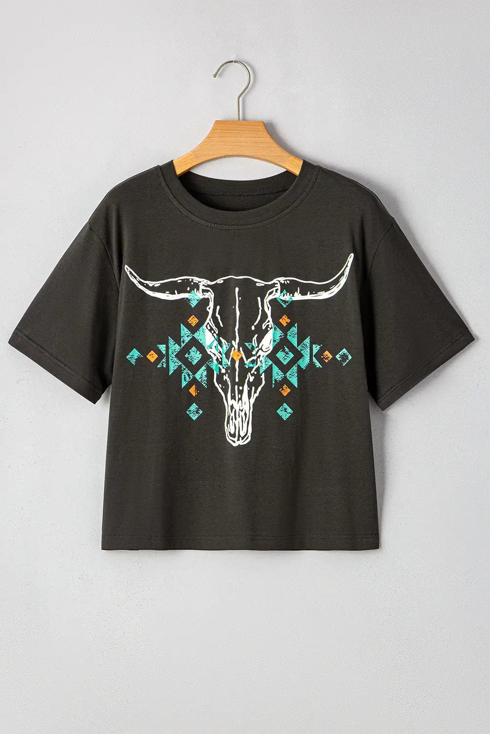 Grateful Threads Boutique Carbon Grey Vintage Western Bull Head Skull Turquoise Aztec Graphic T Shirt - T-Shirts Carbon Grey Vintage Western Bull Head Skull Turquoise Aztec Graphic T Shirt