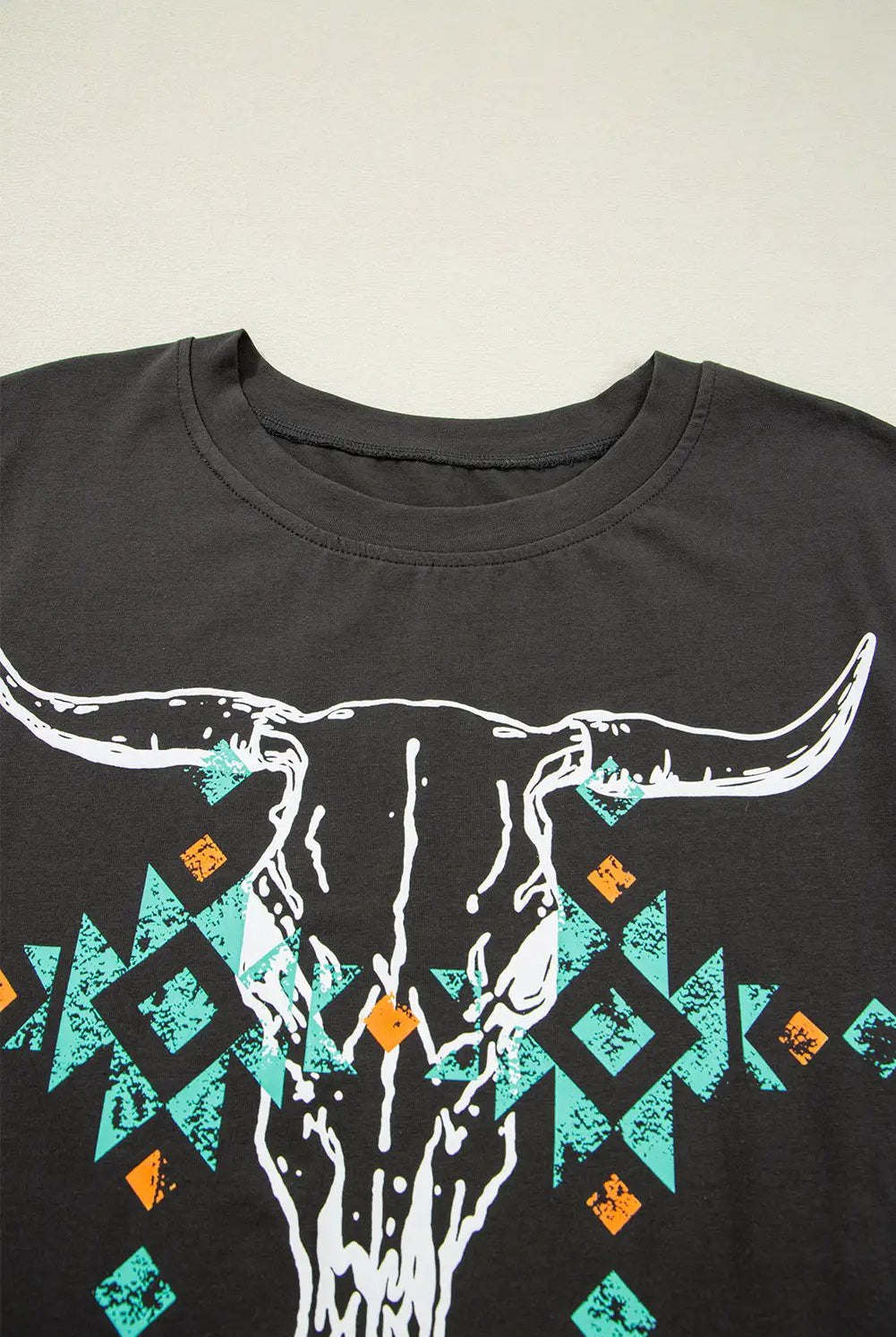 Grateful Threads Boutique Carbon Grey Vintage Western Bull Head Skull Turquoise Aztec Graphic T Shirt - T-Shirts Carbon Grey Vintage Western Bull Head Skull Turquoise Aztec Graphic T Shirt