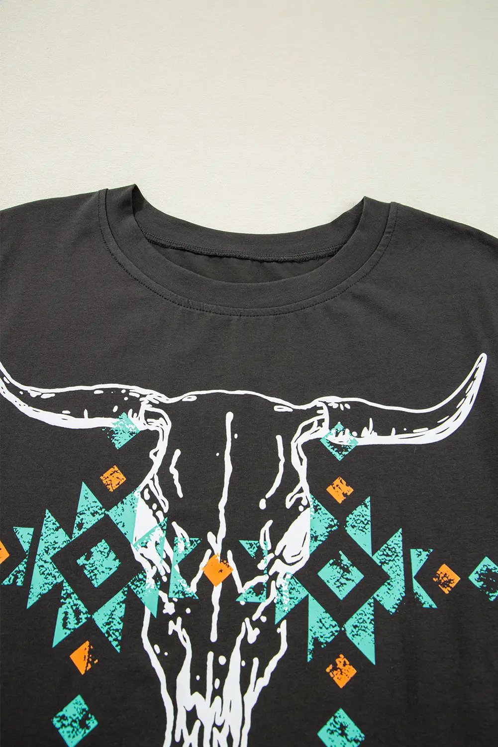 Grateful Threads Boutique Carbon Grey Vintage Western Bull Head Skull Turquoise Aztec Graphic T Shirt - T-Shirts Carbon Grey Vintage Western Bull Head Skull Turquoise Aztec Graphic T Shirt