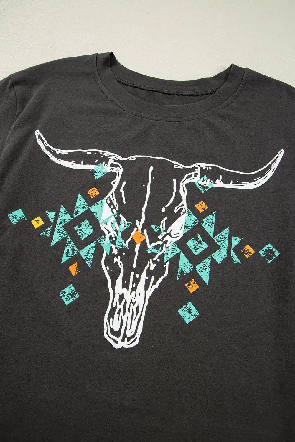 Grateful Threads Boutique Carbon Grey Vintage Western Bull Head Skull Turquoise Aztec Graphic T Shirt - T-Shirts Carbon Grey Vintage Western Bull Head Skull Turquoise Aztec Graphic T Shirt