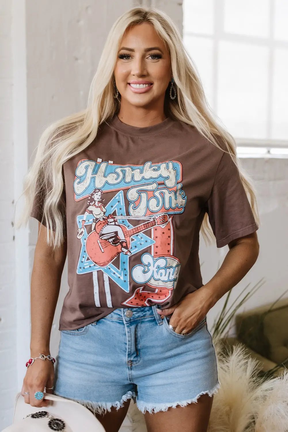 Grateful Threads Boutique Chicory Coffee Honky Tonk Honey Graphic Crew Neck Western Tee - T-Shirts Chicory Coffee Honky Tonk Honey Graphic Crew Neck Western Tee