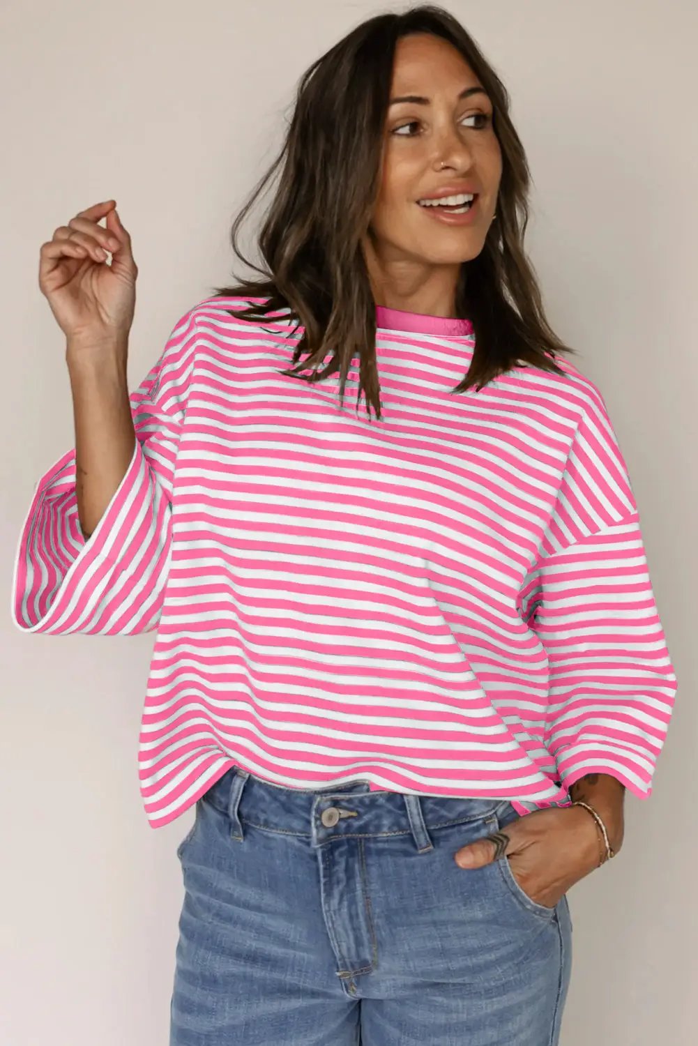 Grateful Threads Boutique Pink Stripe Bowknot Cutout Back Drop Shoulder Wide Bracelet Sleeve Loose Tee - T-Shirts Pink Stripe Bowknot Cutout Back Drop Shoulder Wide Bracelet Sleeve Loose Tee