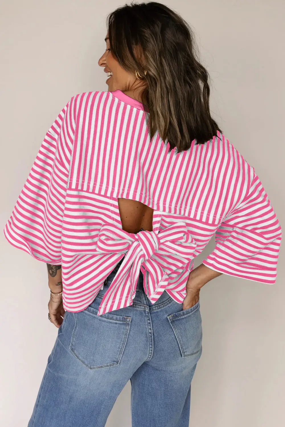 Grateful Threads Boutique Pink Stripe Bowknot Cutout Back Drop Shoulder Wide Bracelet Sleeve Loose Tee - T-Shirts Pink Stripe Bowknot Cutout Back Drop Shoulder Wide Bracelet Sleeve Loose Tee