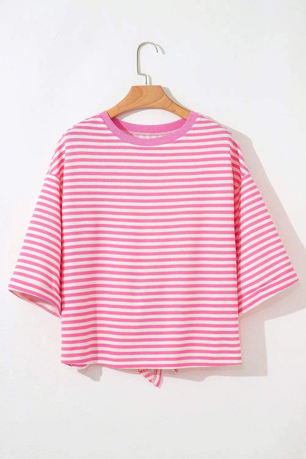 Grateful Threads Boutique Pink Stripe Bowknot Cutout Back Drop Shoulder Wide Bracelet Sleeve Loose Tee - T-Shirts Pink Stripe Bowknot Cutout Back Drop Shoulder Wide Bracelet Sleeve Loose Tee