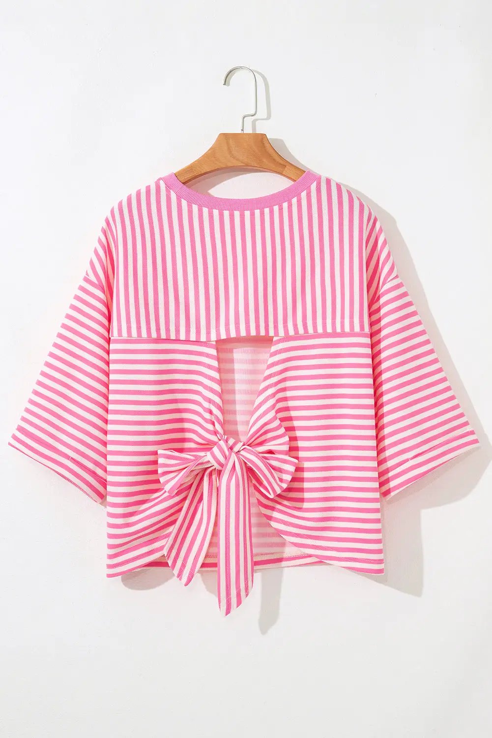 Grateful Threads Boutique Pink Stripe Bowknot Cutout Back Drop Shoulder Wide Bracelet Sleeve Loose Tee - T-Shirts Pink Stripe Bowknot Cutout Back Drop Shoulder Wide Bracelet Sleeve Loose Tee