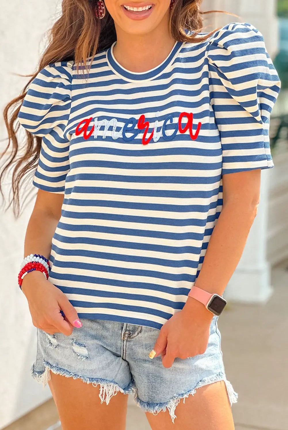 Grateful Threads Boutique Blue Stripe America Cursive Graphic Puff Sleeve Top - T-Shirts America Puff Sleeve Top