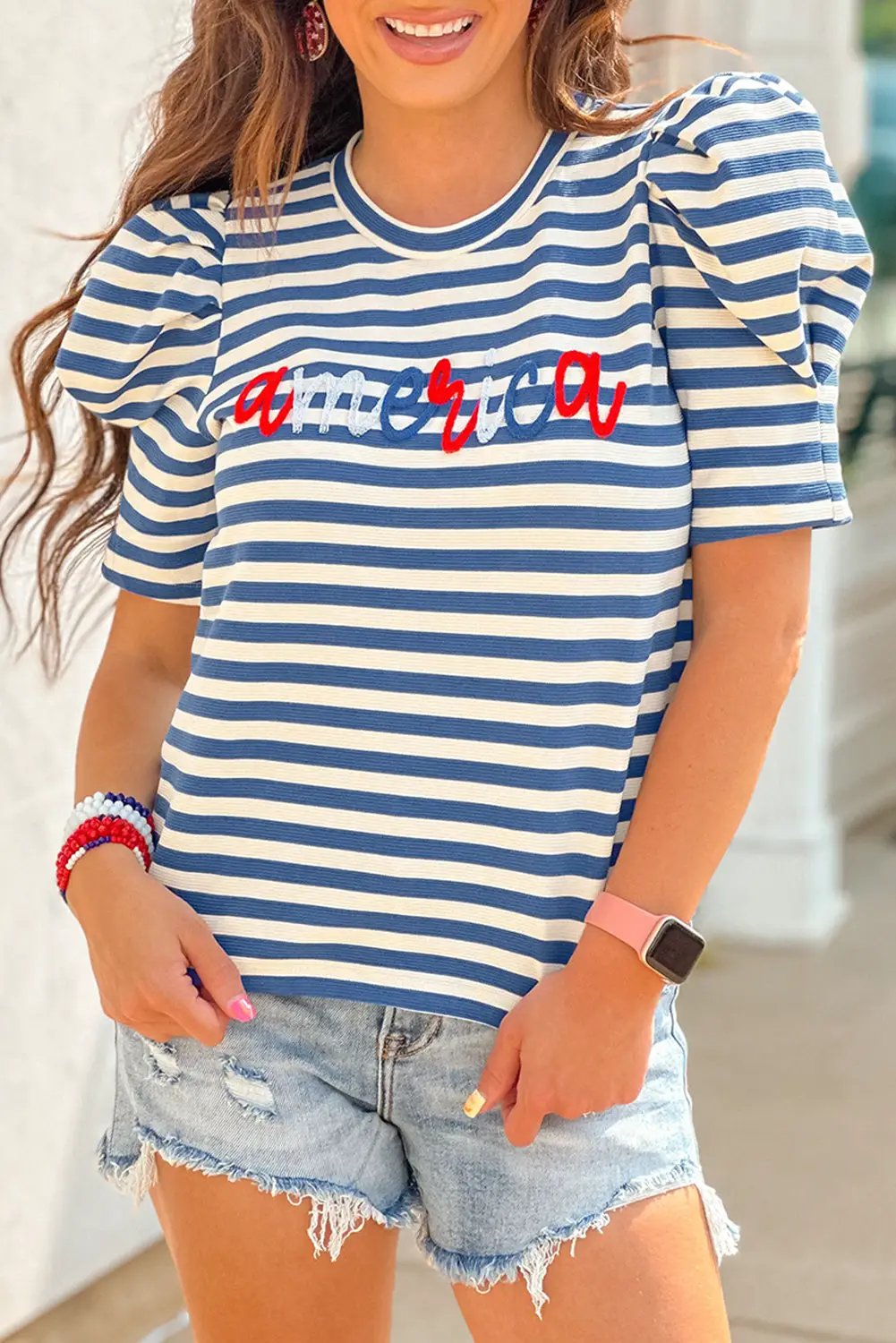 Grateful Threads Boutique Blue Stripe America Cursive Graphic Puff Sleeve Top - T-Shirts America Puff Sleeve Top