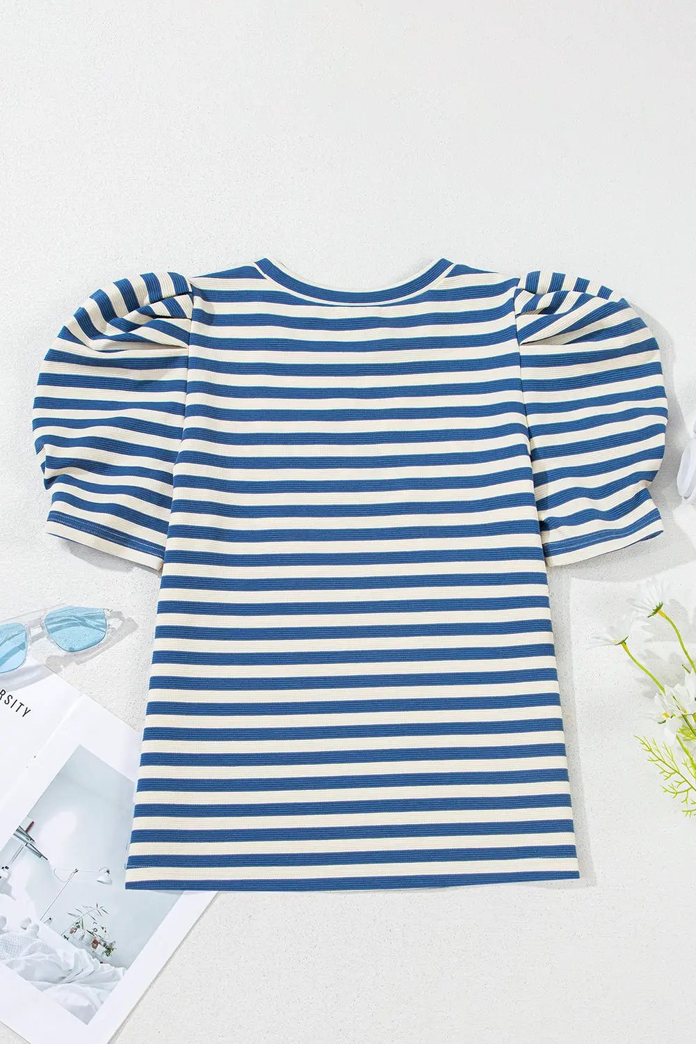 Grateful Threads Boutique Blue Stripe America Cursive Graphic Puff Sleeve Top - T-Shirts America Puff Sleeve Top