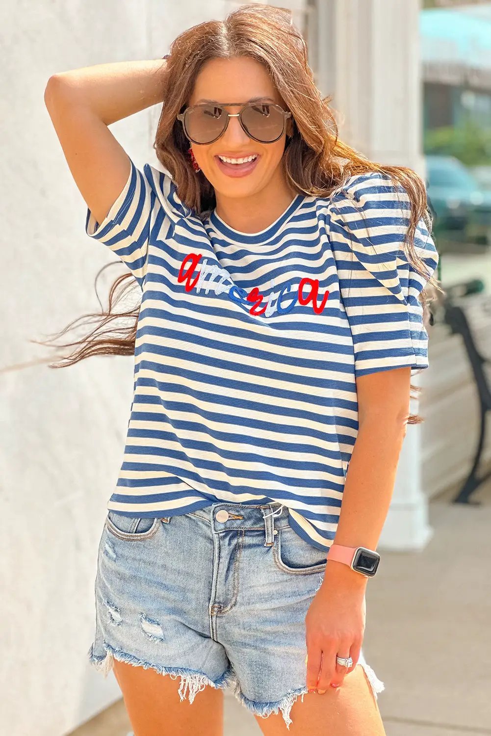 Grateful Threads Boutique Blue Stripe America Cursive Graphic Puff Sleeve Top - T-Shirts America Puff Sleeve Top