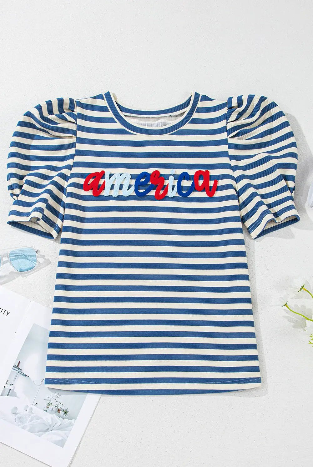 Grateful Threads Boutique Blue Stripe America Cursive Graphic Puff Sleeve Top - T-Shirts America Puff Sleeve Top