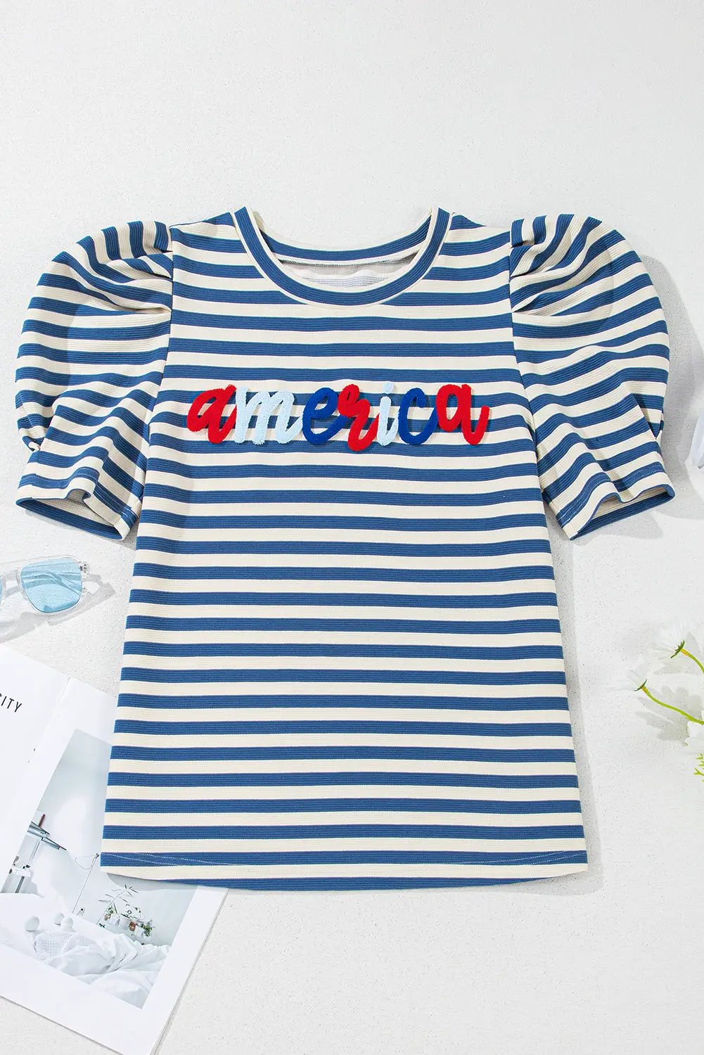 Grateful Threads Boutique Blue Stripe America Cursive Graphic Puff Sleeve Top - T-Shirts America Puff Sleeve Top