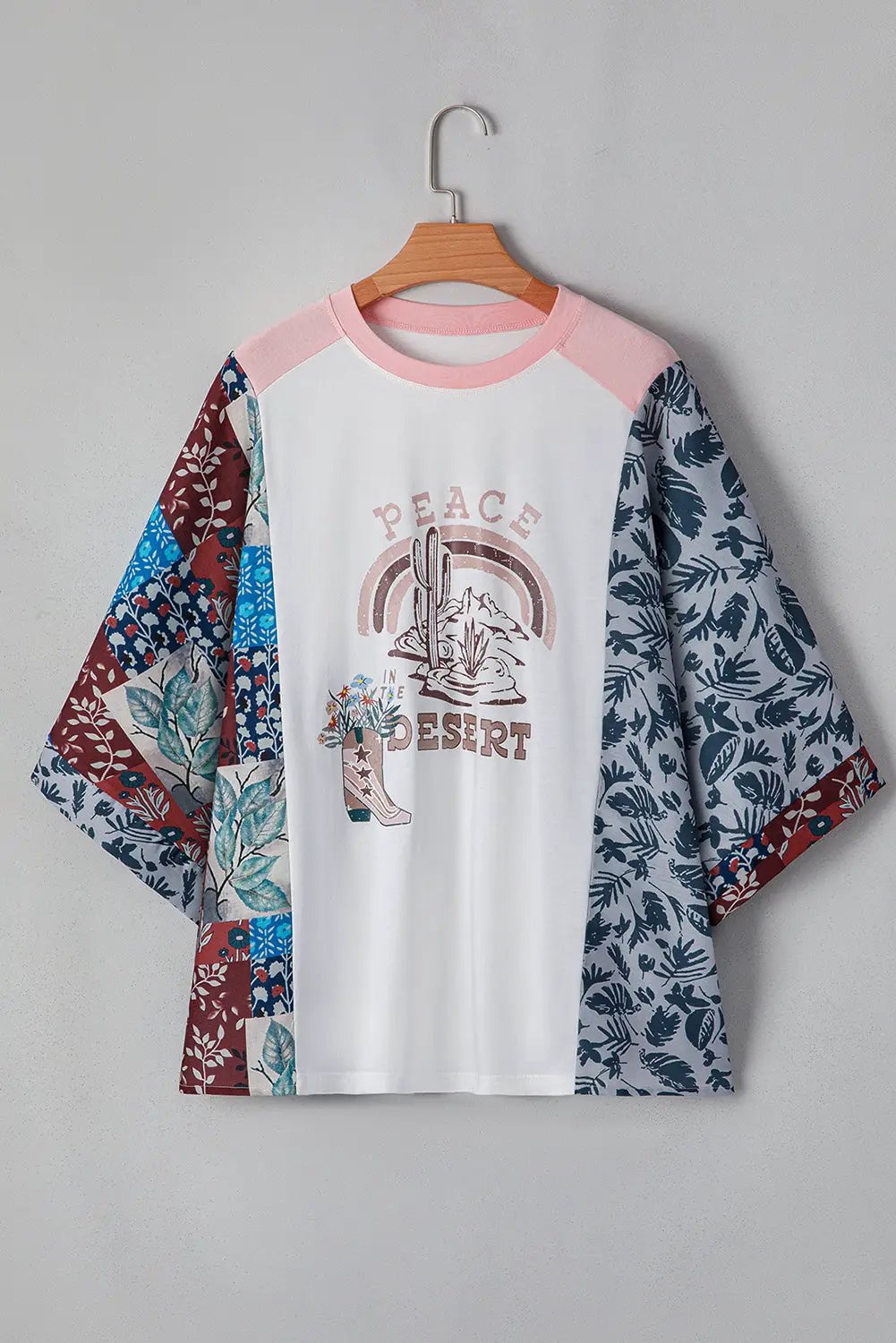 Grateful Threads Boutique Multicolor Asymmetric Printed Patchwork Sleeve Peace Desert Graphic Top - T-Shirts Multicolour Asymmetric Printed Patchwork Sleeve Peace Desert Graphic Top
