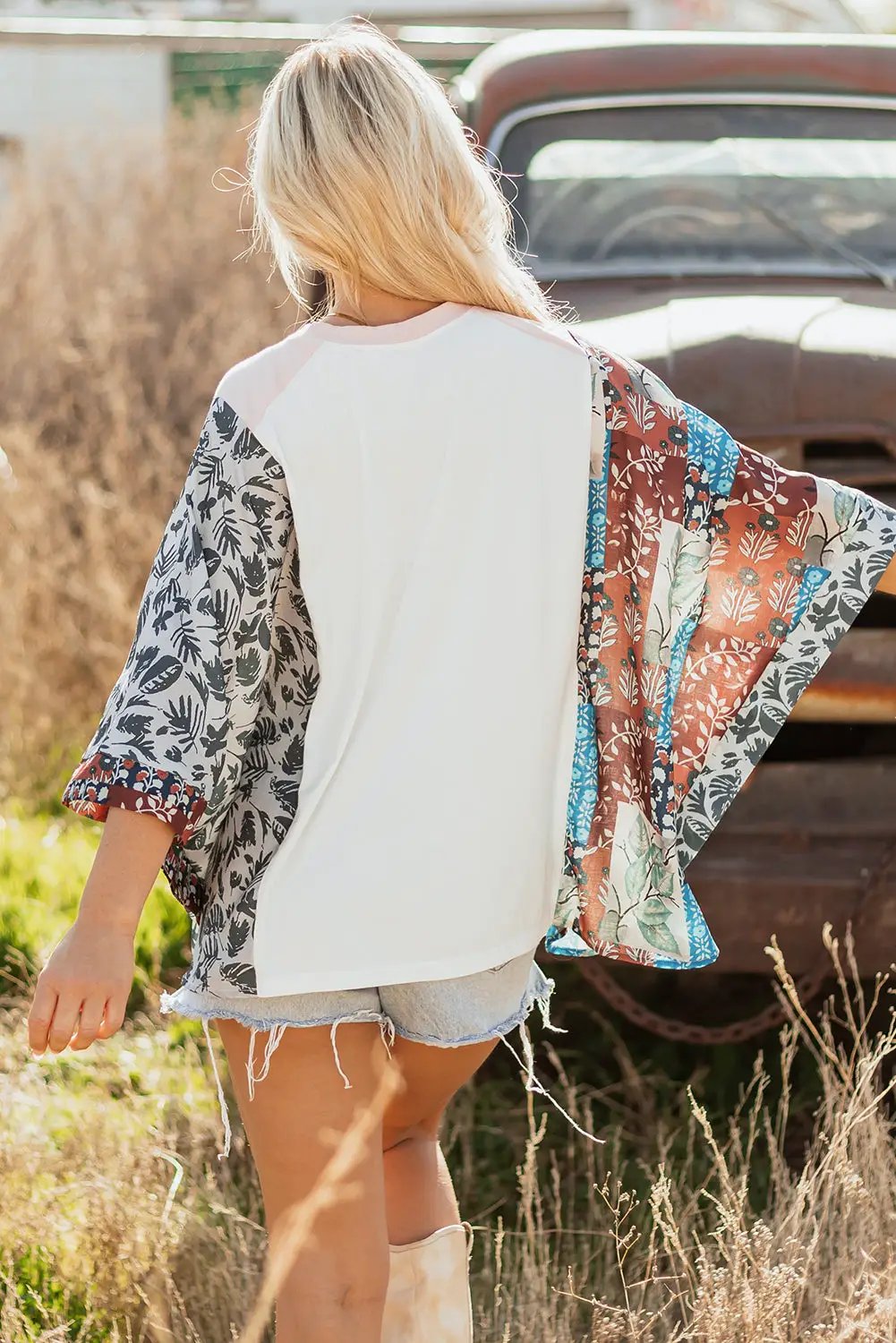 Grateful Threads Boutique Multicolor Asymmetric Printed Patchwork Sleeve Peace Desert Graphic Top - T-Shirts Multicolour Asymmetric Printed Patchwork Sleeve Peace Desert Graphic Top