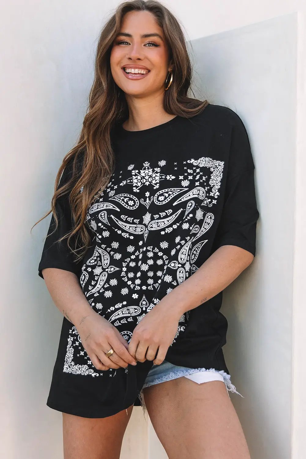 Grateful Threads Boutique Black Paisley Print Crew Neck Loose Fit Tunic Tee - Tunics Black Paisley Print Crew Neck Loose Fit Tunic Tee