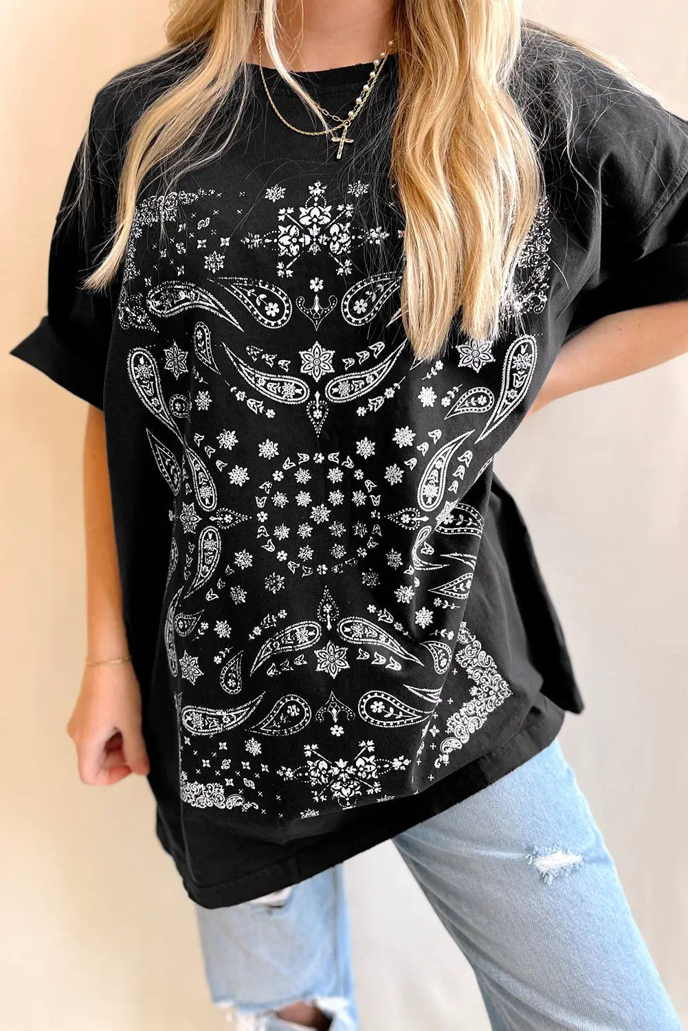 Grateful Threads Boutique Black Paisley Print Crew Neck Loose Fit Tunic Tee - Tunics Black Paisley Print Crew Neck Loose Fit Tunic Tee