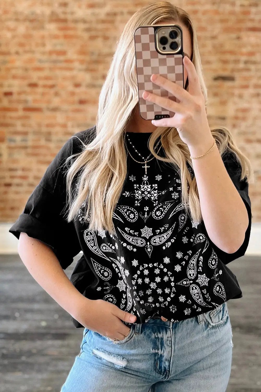 Grateful Threads Boutique Black Paisley Print Crew Neck Loose Fit Tunic Tee - Tunics Black Paisley Print Crew Neck Loose Fit Tunic Tee