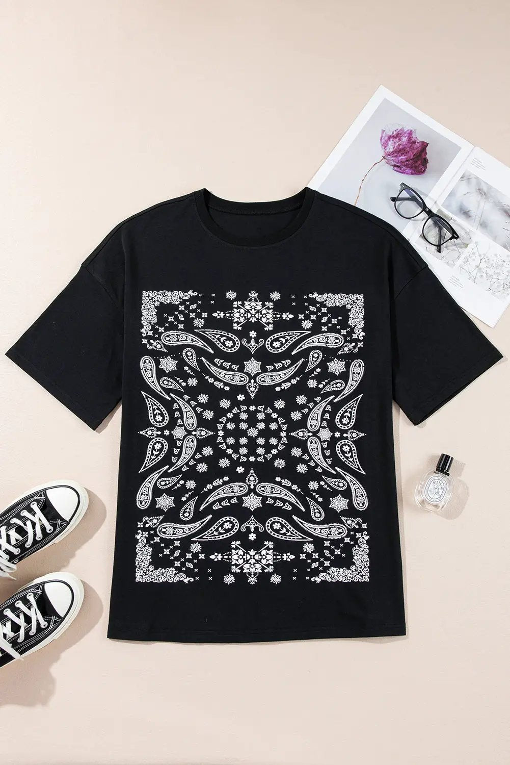 Grateful Threads Boutique Black Paisley Print Crew Neck Loose Fit Tunic Tee - Tunics Black Paisley Print Crew Neck Loose Fit Tunic Tee
