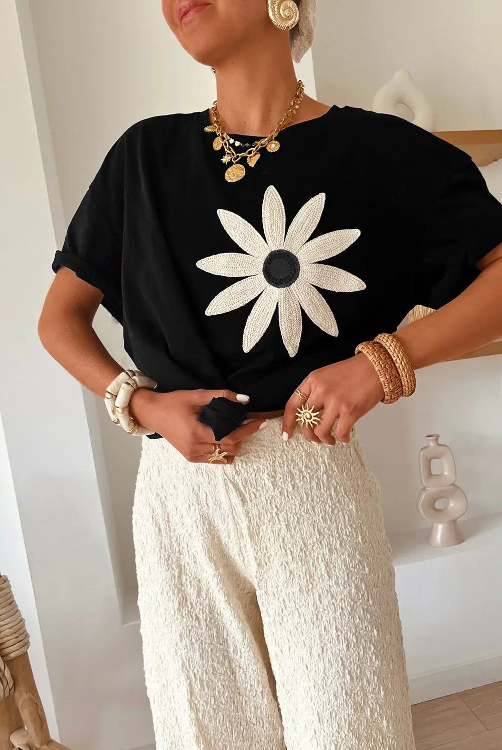 Grateful Threads Boutique Black Contrast Crochet Floral Graphic Drop Shoulder Loose Tee - T-Shirts Black Contrast Crochet Floral Graphic Drop Shoulder Loose Tee